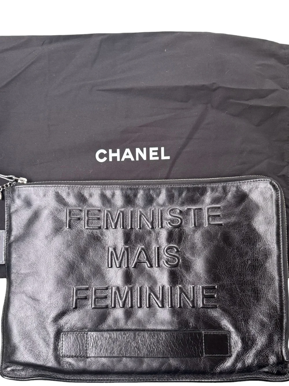 CLEAN. CHANEL Black Leather 'Feministe Mais Feminine' Zip Clutch & COA